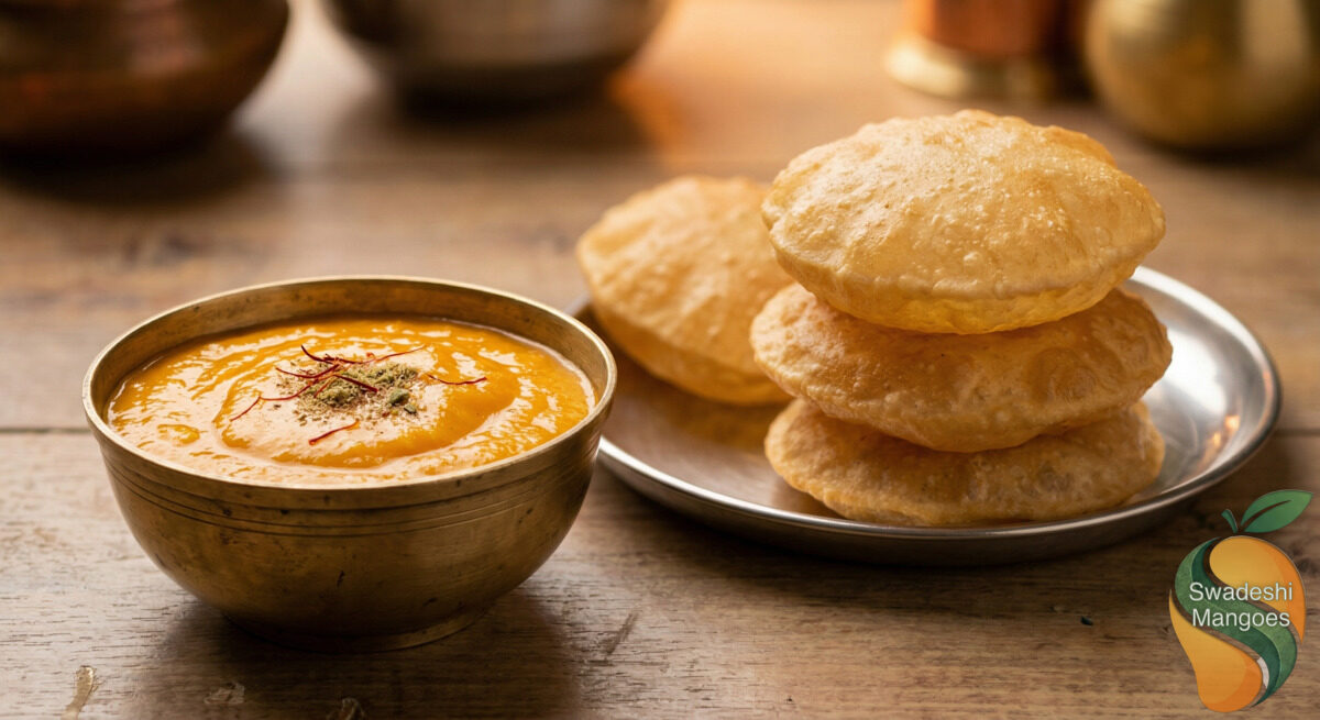 Traditional bowl of golden Alphonso aam ras with saffron garnish next to fried puris