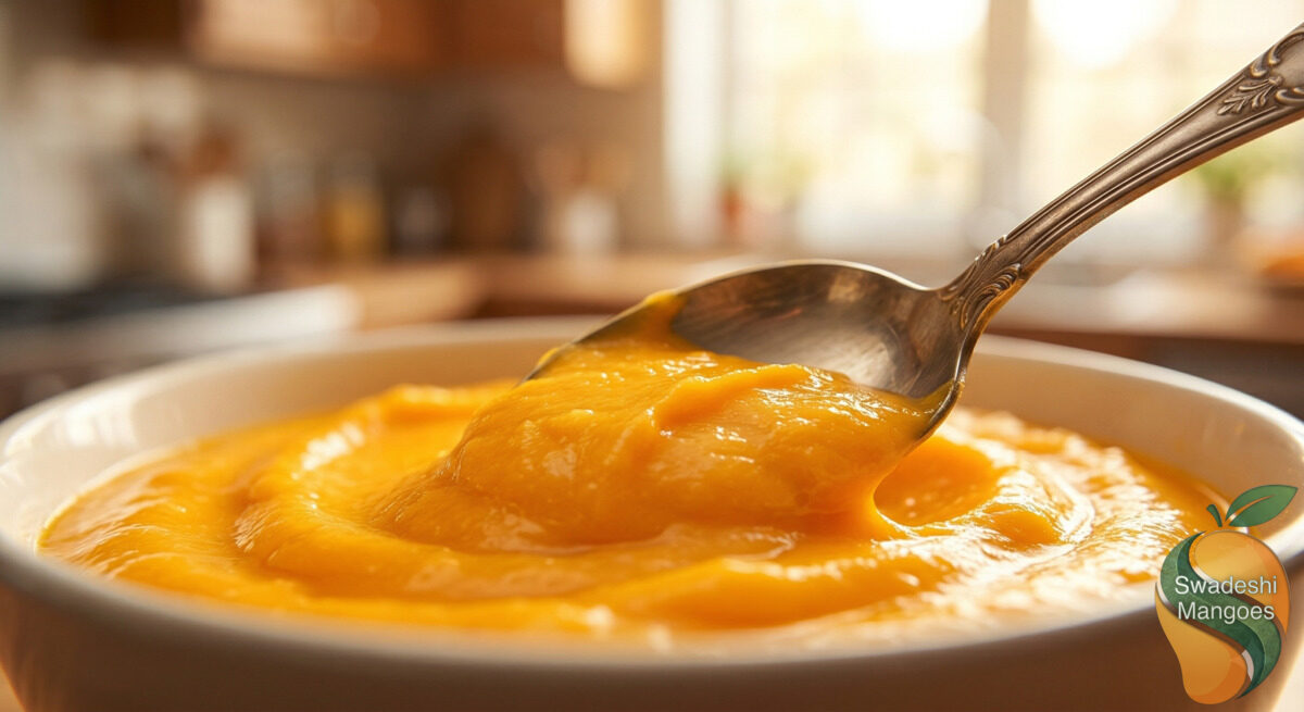 Close-up of creamy Alphonso mango pulp being scooped with a spoon showing zero fiber