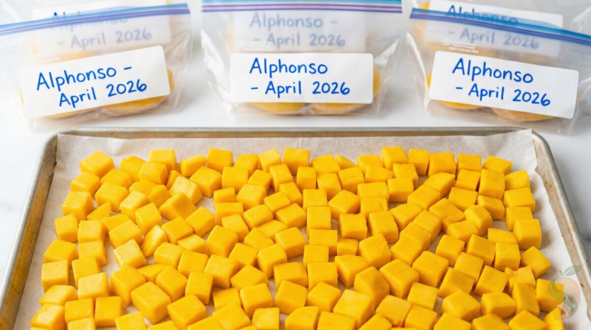 Mango cubes on tray with labeled freezer bags