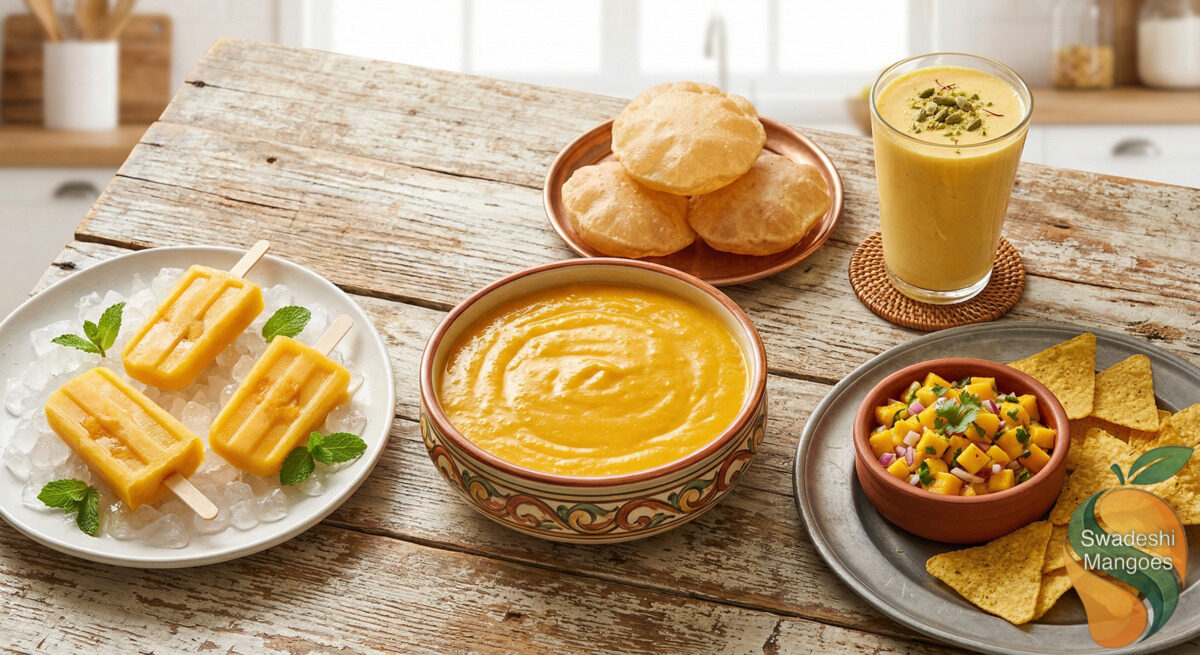 Spread of Indian mango dishes including aam ras, lassi, mango salsa, and popsicles