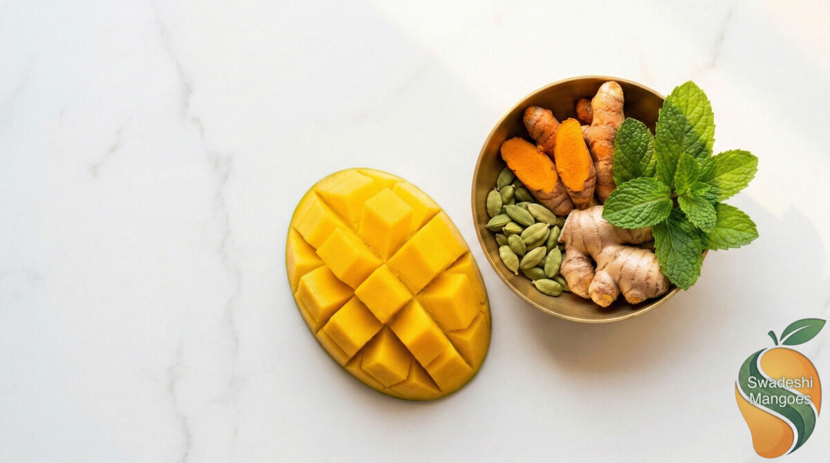 Sliced mango next to brass bowl of turmeric cardamom ginger and mint on marble surface
