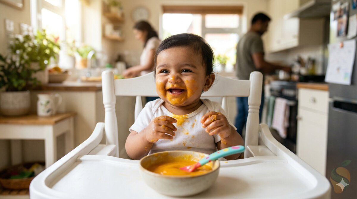 Happy baby eating mango puree in high chair