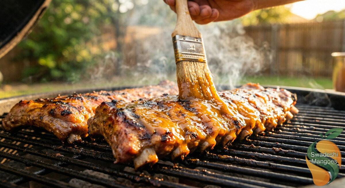 Grilled ribs being brushed with golden mango BBQ glaze on a backyard grill