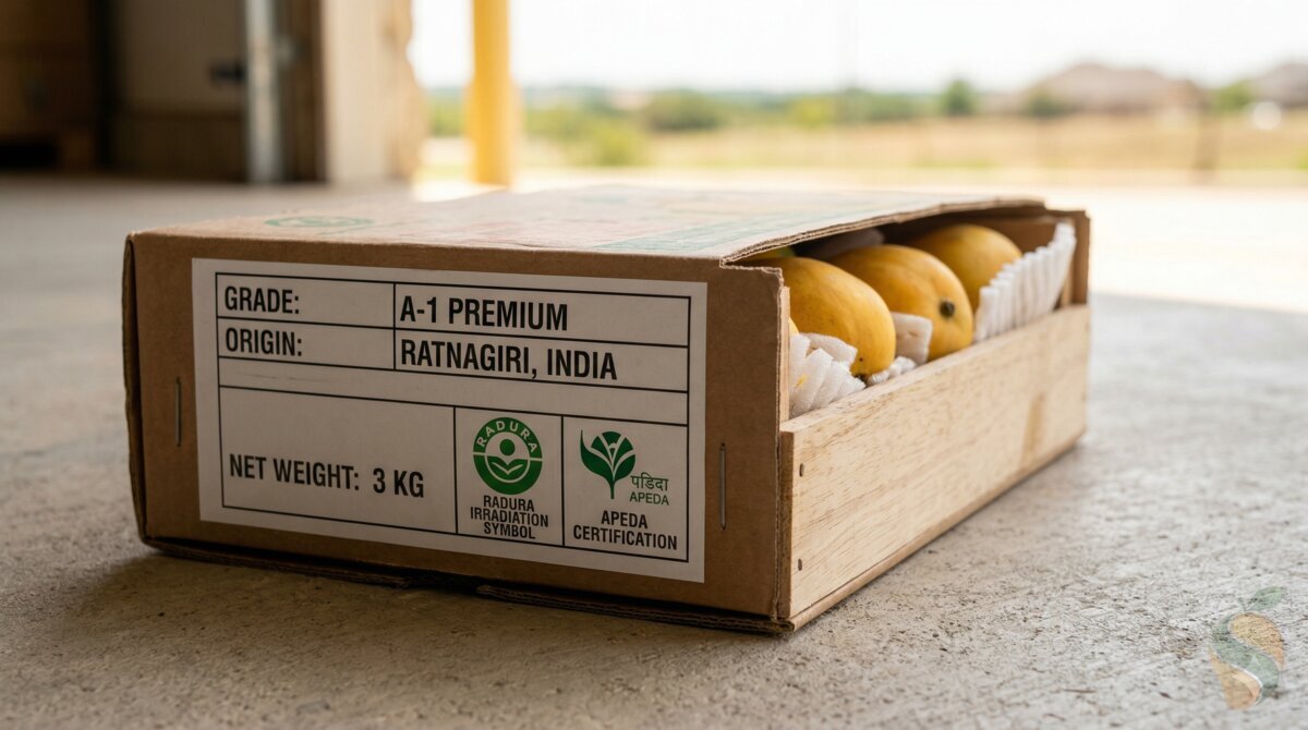 Indian mango export box showing grade origin and Radura symbol