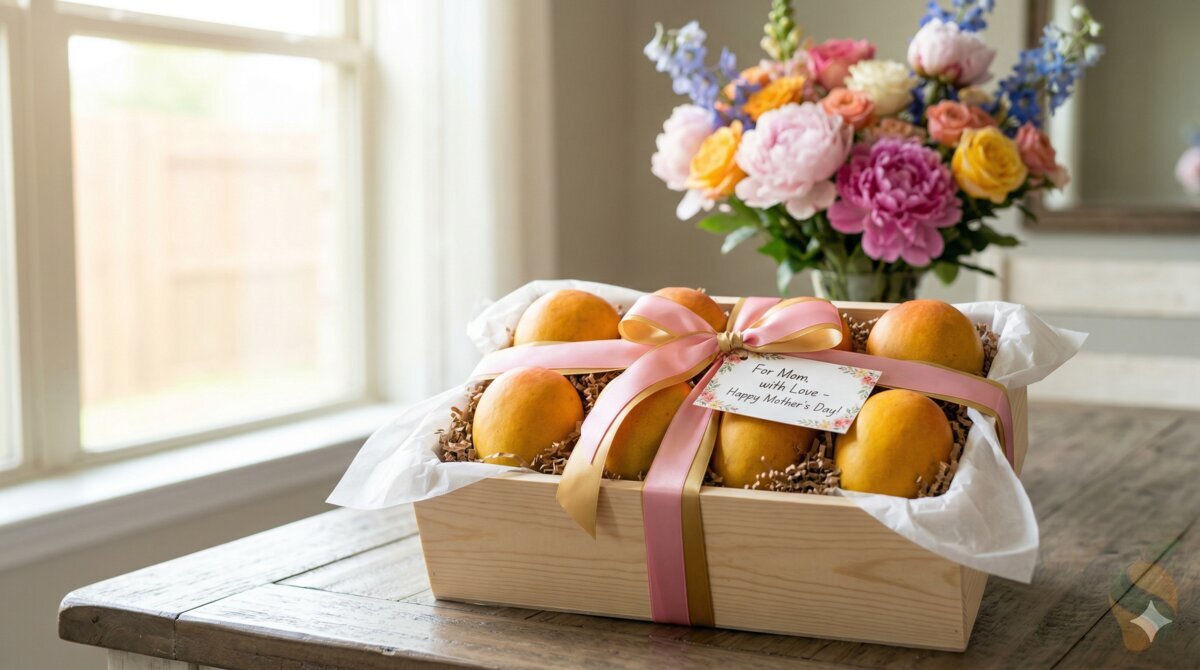 Beautiful mango gift box with ribbon and flowers