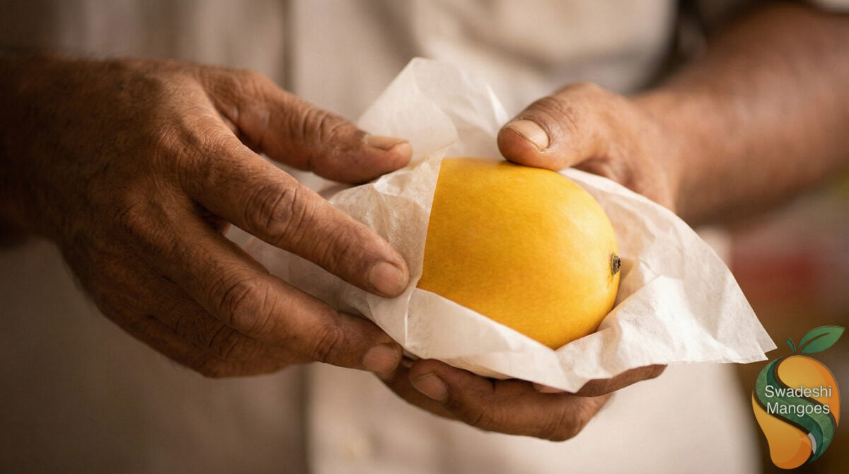 Close-up of weathered hands carefully wrapping a golden mango in tissue paper for export