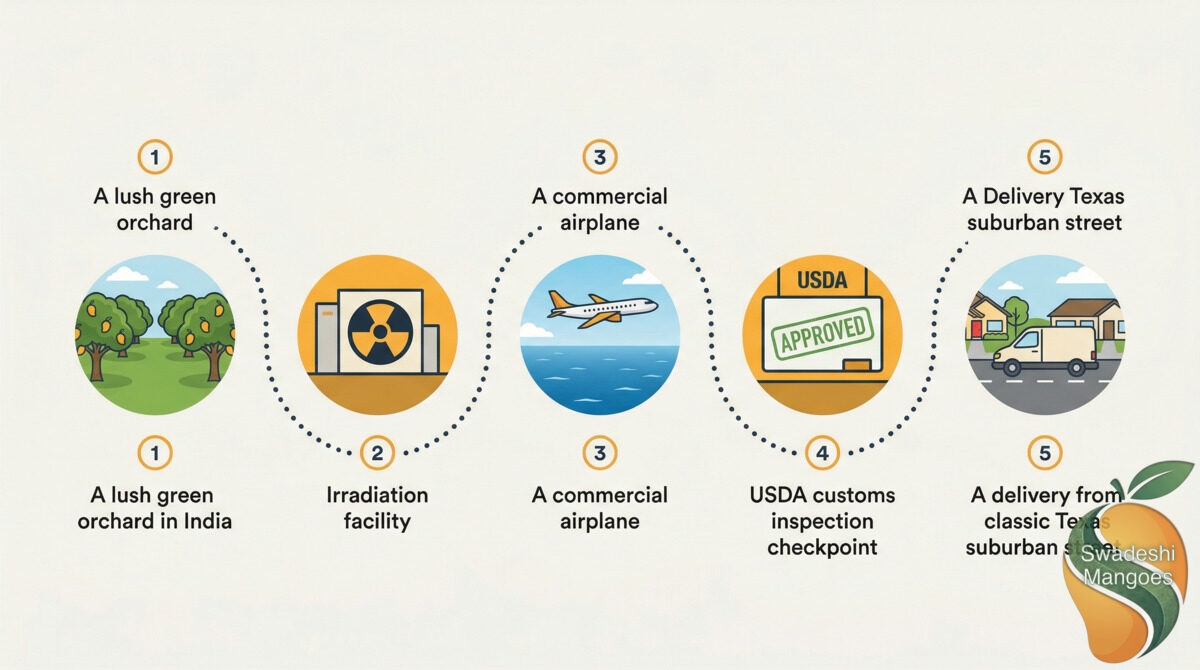 Infographic showing mango journey from Indian orchard to irradiation to airplane to USDA inspection to Texas delivery