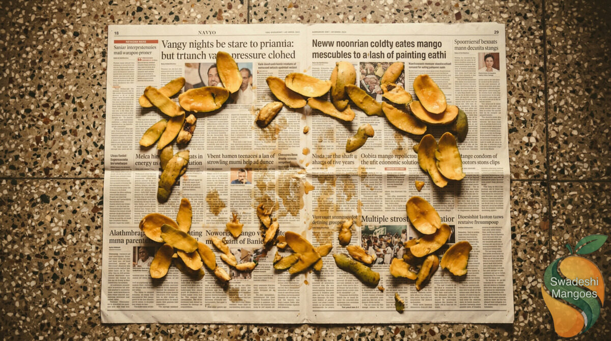 Mango peels and seeds on newspaper after family mango eating session - Indian childhood nostalgia