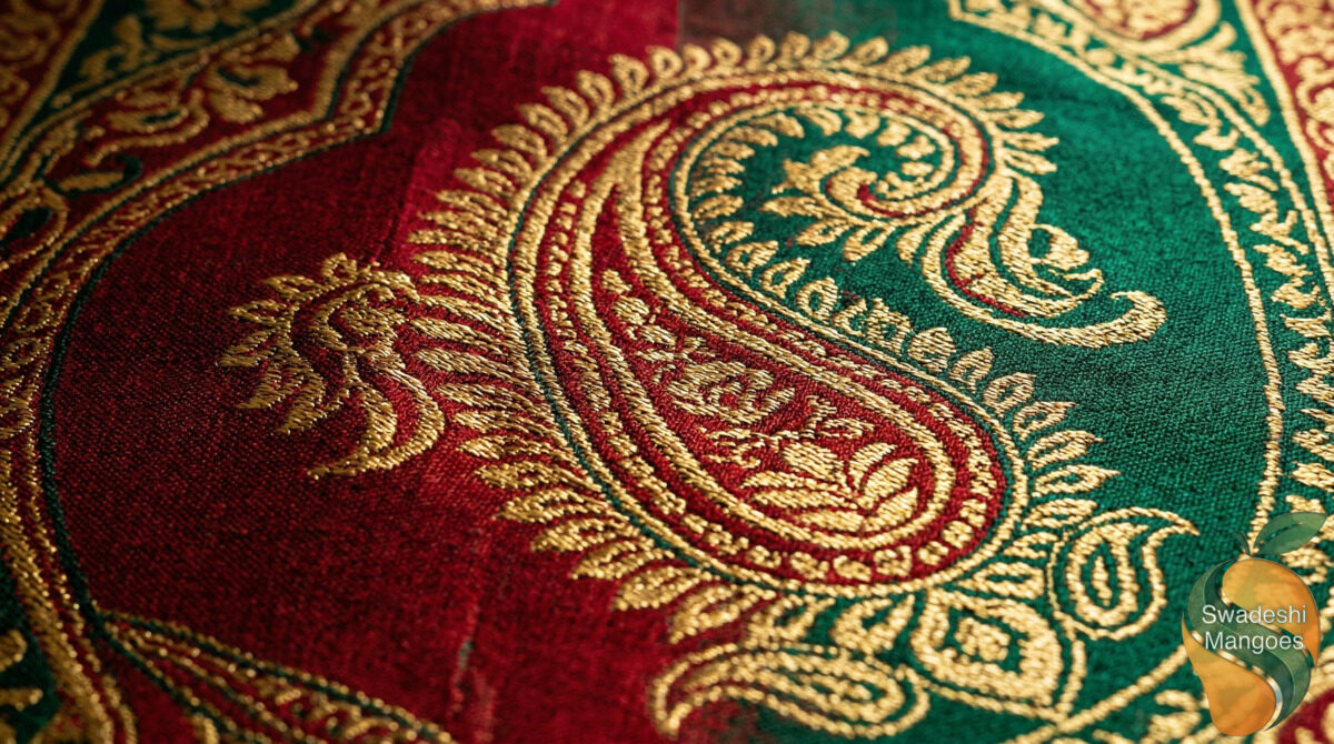 Traditional Indian paisley ambi pattern showing the mango shape in jewel tones