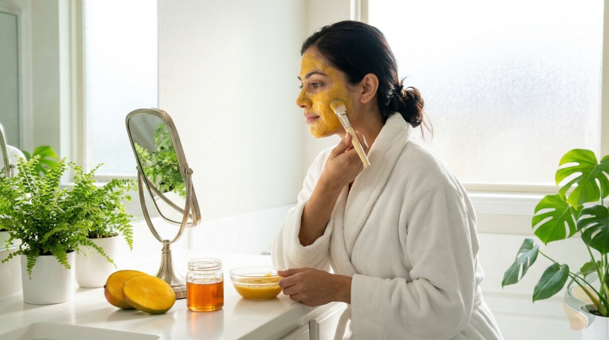 Woman applying mango face mask with honey jar