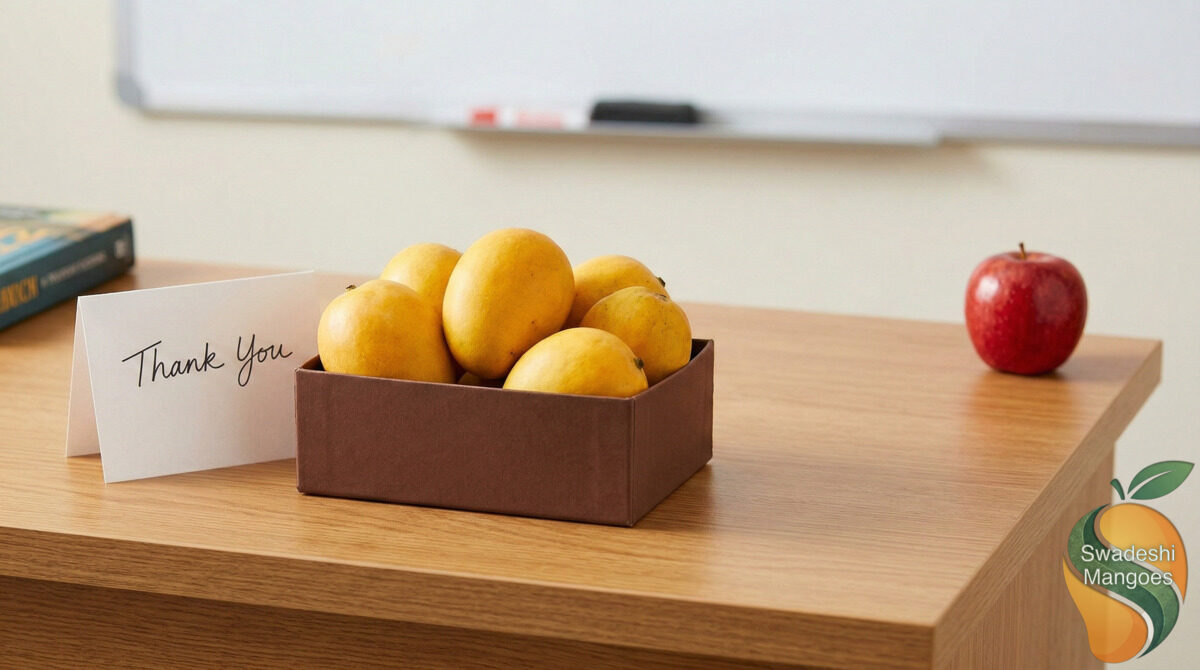 Box of mangoes on teacher desk with Thank You card and apple pushed aside