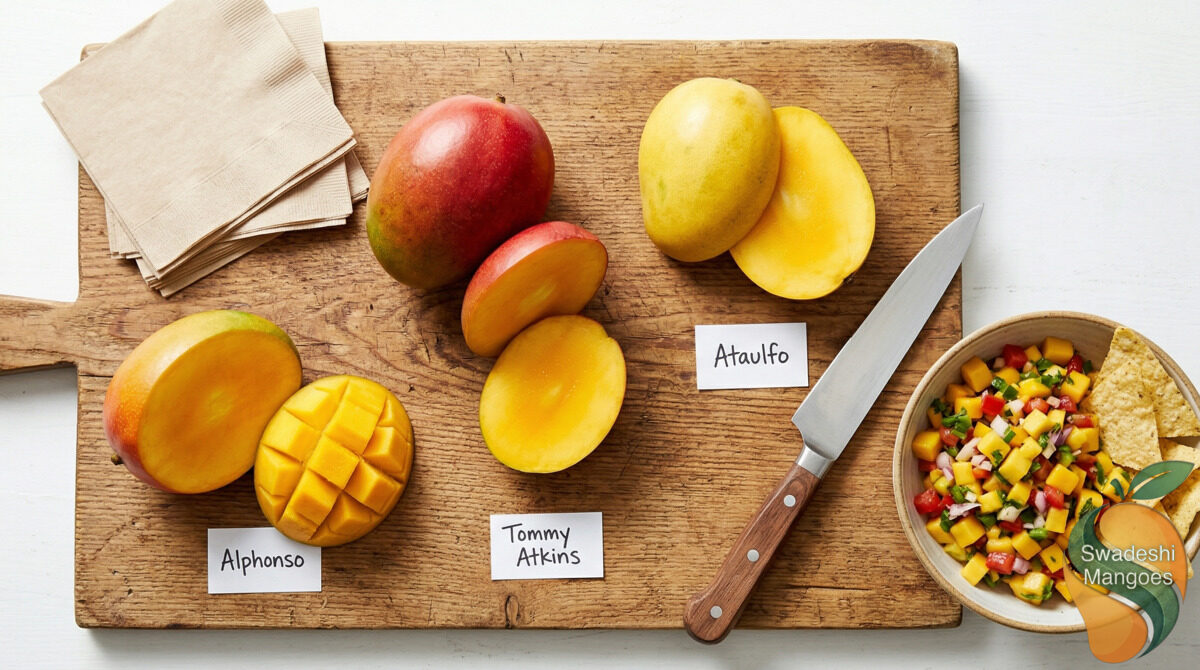 Three mango varieties labeled on a cutting board - Alphonso Tommy Atkins and Ataulfo