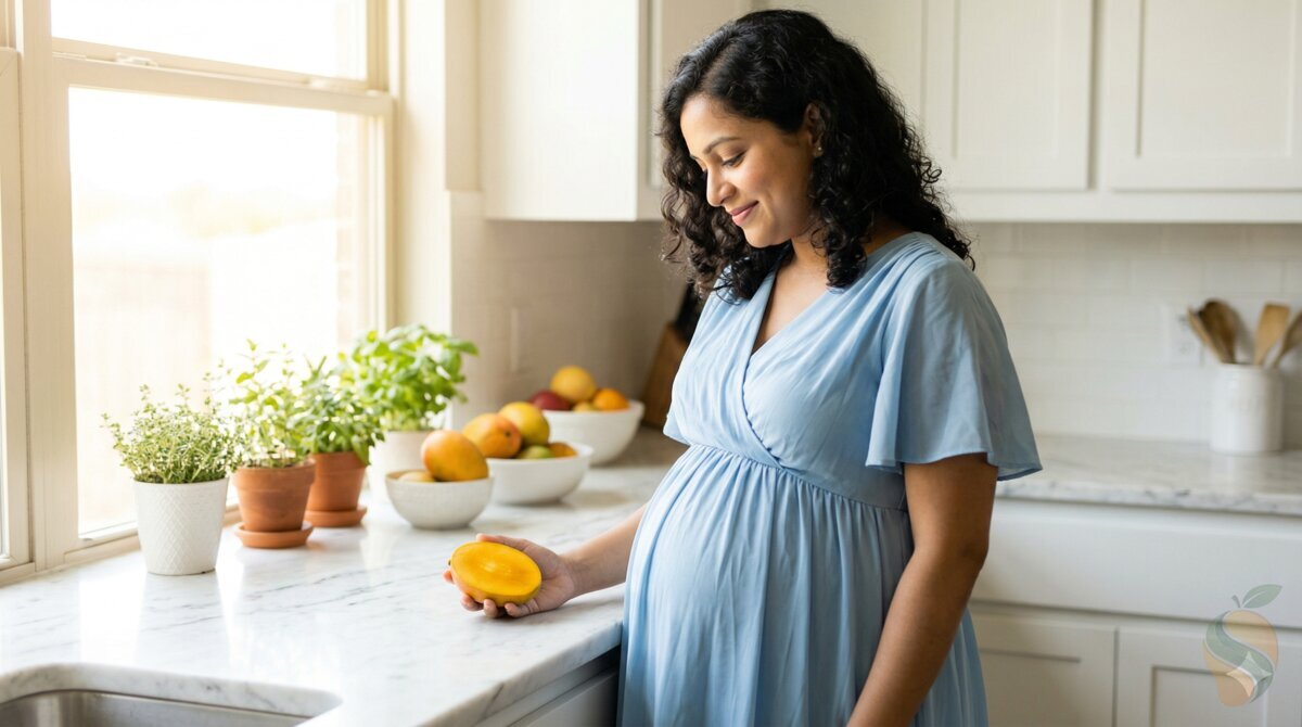 Pregnant woman holding halved mango in kitchen