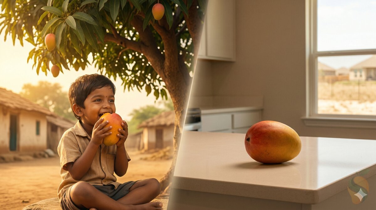 Child eating mango in India vs mango on Texas counter