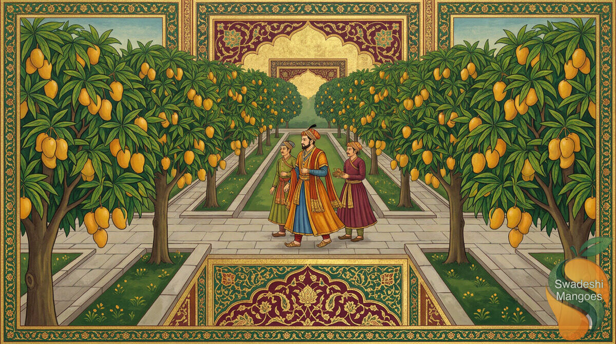 Mughal miniature painting style illustration of a grand mango orchard with golden fruits