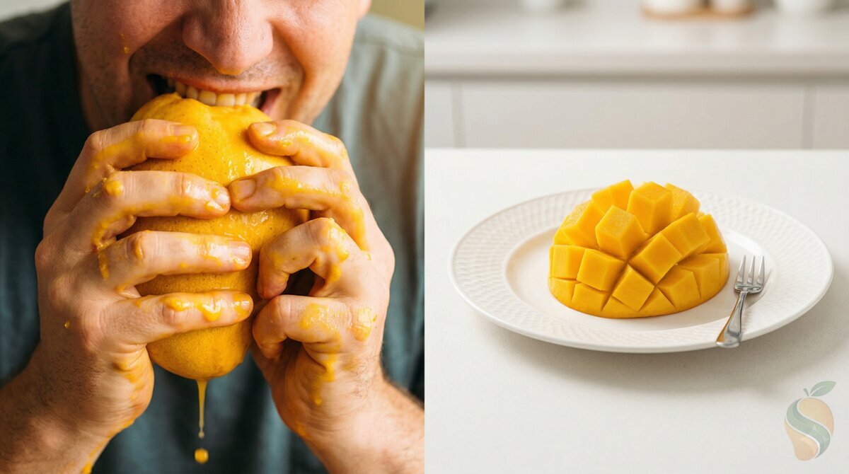 Mango sucking vs cutting side by side comparison