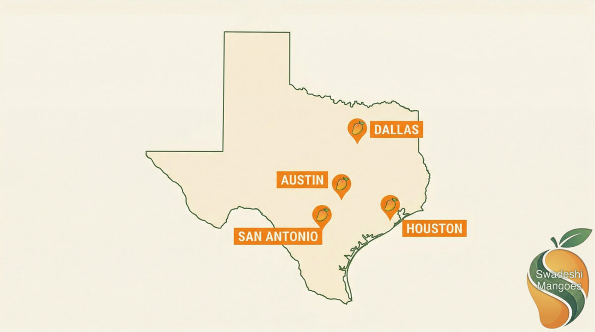 Map of Texas showing Indian mango delivery cities Austin Dallas Houston San Antonio